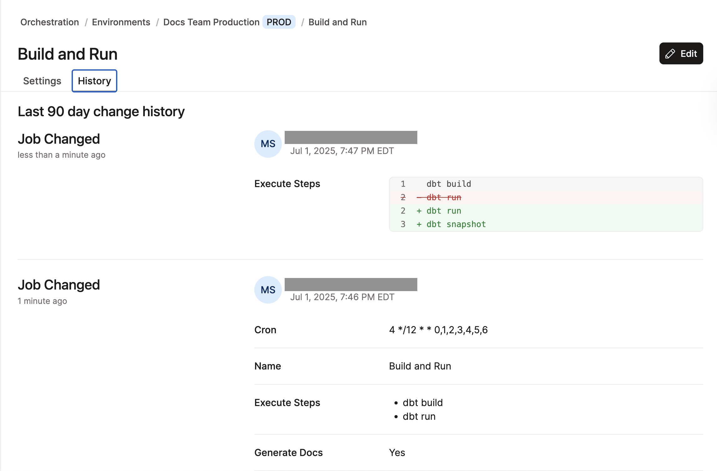 Example of the job settings history.