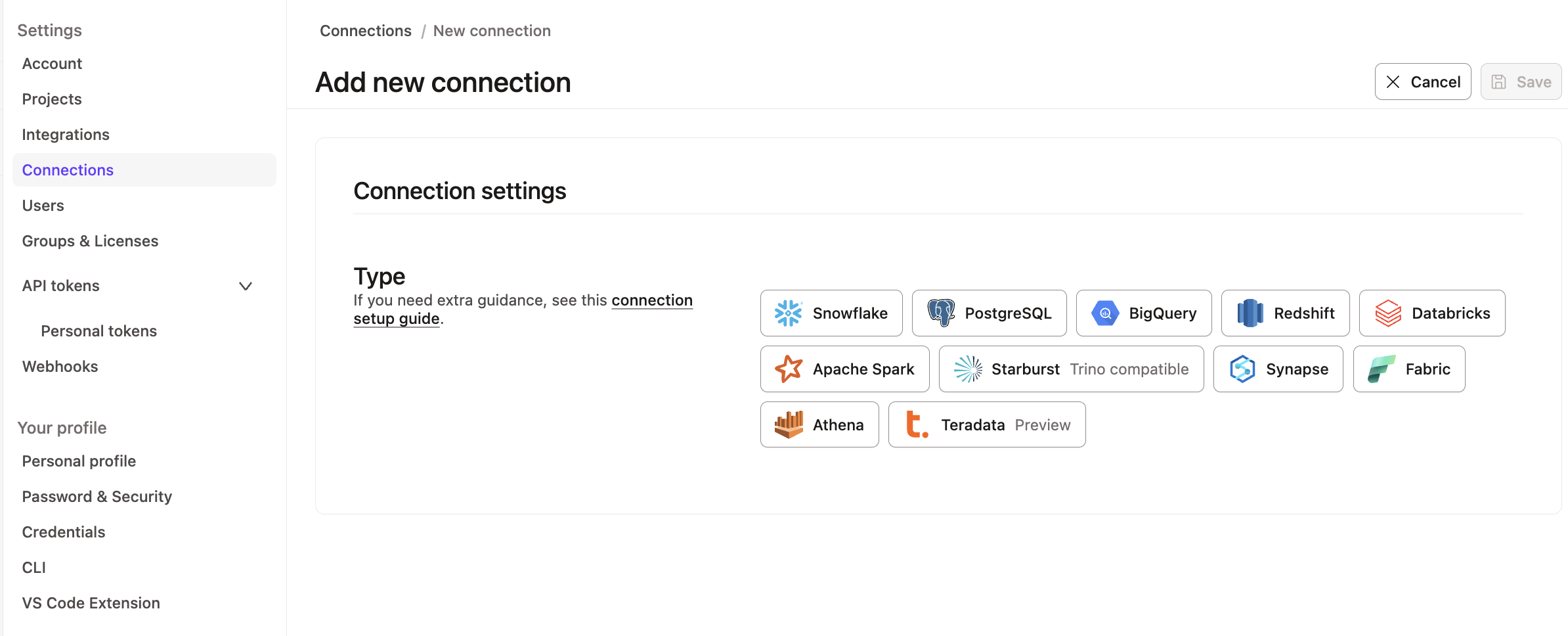 Select the relevant connection for your projects.